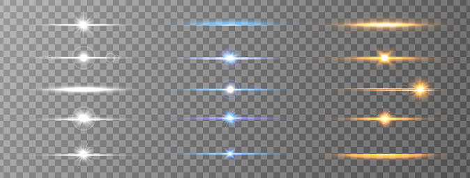 Light line set. Flare effect beam. Shiny sun. Neon effect. Sparkle speed energy. Glow streak ray. Laser. Sun burst. Magic explosion. Orange, blue, white glare. Streak motion. Vector illustration.