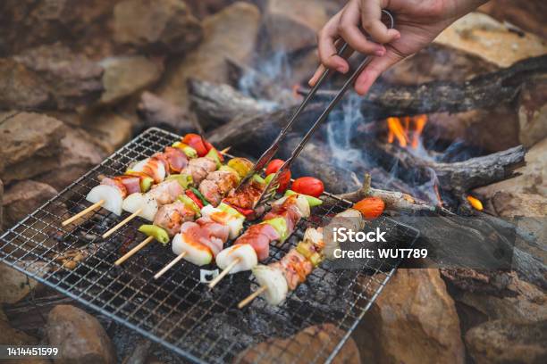 Close Up Grilling Barbecue Bbq Or Steak Meat Roast On Natural Fire Camping Atmosphere Relaxing Time Camping On A Mountain Activity In Holiday Concept Stock Photo - Download Image Now