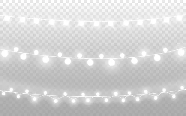 Vector illustration of Christmas lights. Silver garlands with glow effect. Xmas decoration for greeting card or poster. White realistic bulbs isolated on transparent background. Vector illustration