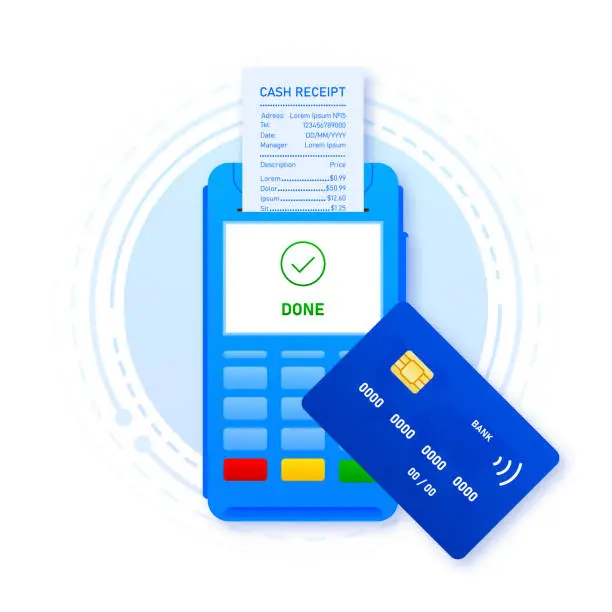 Vector illustration of Purchase of goods and payment through the terminal. Credit card in the terminal and cash recipe. Vector illustration.