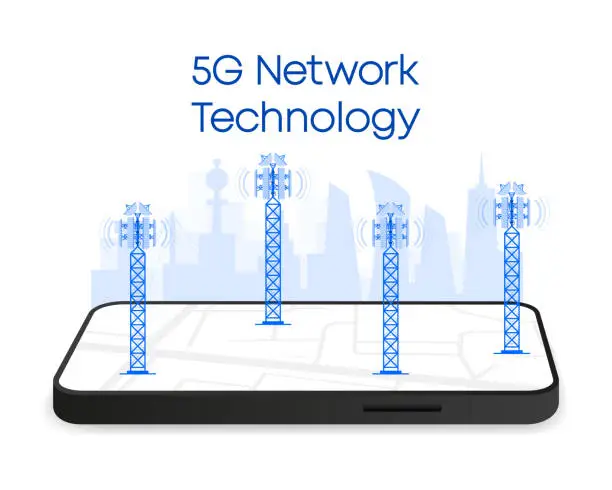 Vector illustration of 5g technology and communication concept. 5G towers network technology. Vector illustration.