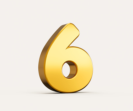 3d illustration of golden number 6 or six isolated on beige background with shadow.