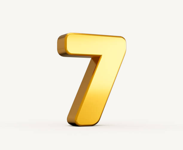 ilustração 3d de ouro número 7 ou sete isolado em fundo bege com sombra. - number 7 - fotografias e filmes do acervo