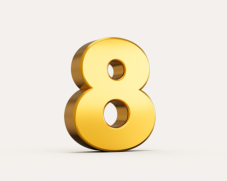 3d illustration of golden number 8 or eight isolated on beige background with shadow.