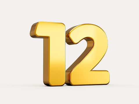 3d illustration of golden number 12 or twelve isolated on beige background with shadow.