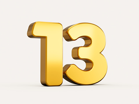 3d illustration of golden number 13 or thirteen isolated on beige background with shadow.
