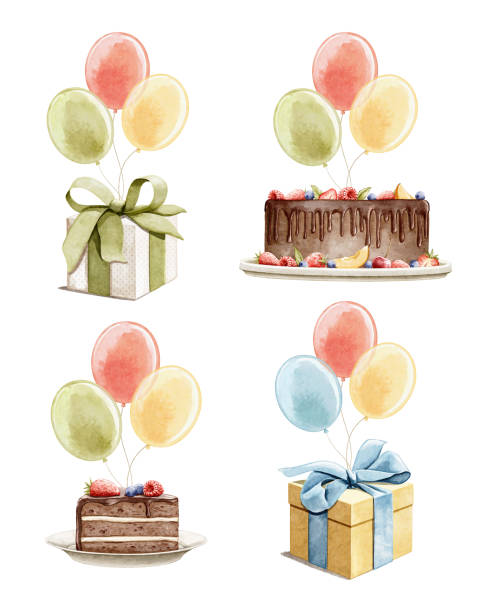 ilustrações de stock, clip art, desenhos animados e ícones de watercolor set with gift present boxes, sweet cakes and air balloons on rope - gift box packaging drawing illustration and painting
