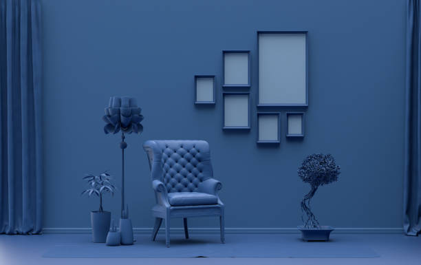 istock Wall mockup with six frames in solid flat pastel dark blue color, monochrome interior 1414464263