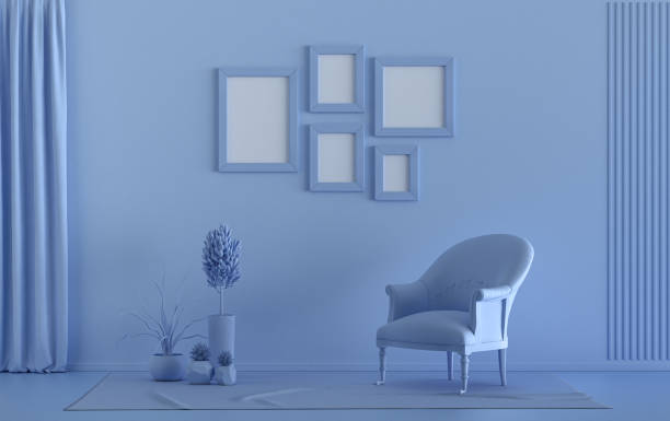 istock Flat color interior room for poster showcase with 5 frames, monochrome blue gallery wall 1414464288