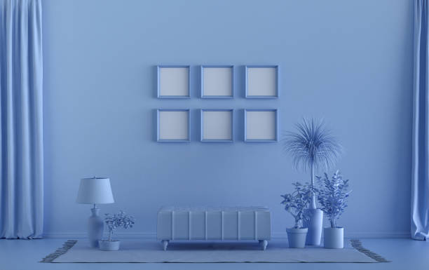 istock Mock-up poster gallery wall with six frames in solid pastel light blue room 1414464384