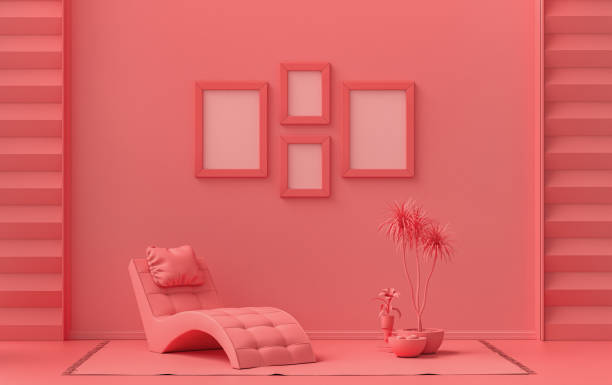 istock Interior room in plain monochrome light pink, 4 frames and plants, Gallery wall 1414464444