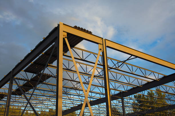 metal beams building frame structure iron steel construction site stock photo