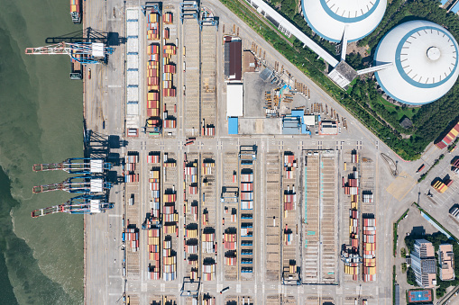 Aerial view of commercial terminal with containers