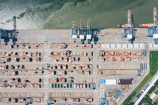 Aerial view of commercial terminal with containers