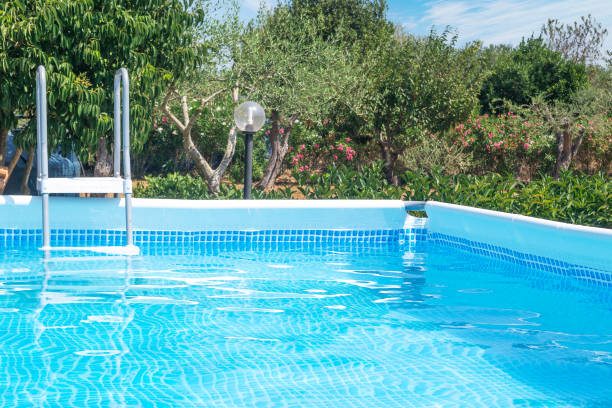 istock Above ground pool surrounded by green plants 1414467346