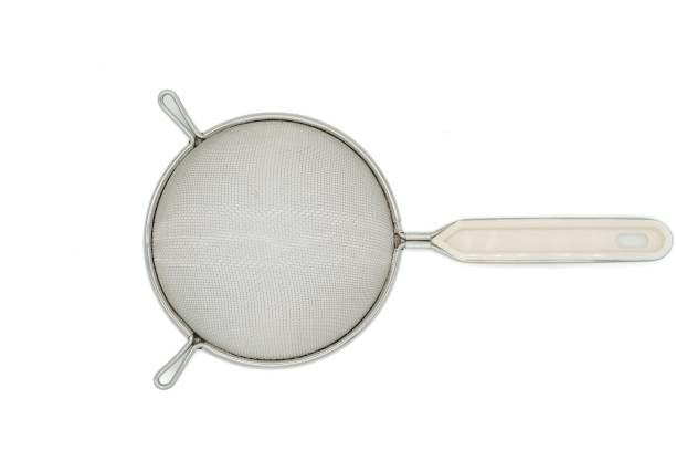 istock Metal sieve with white plastic handle isolated on white background. Top view. 1414467353