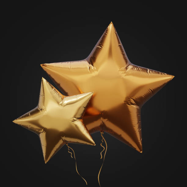 istock Two foil balloons banner. Star shaped gold balloons 3D rendering. 1414468229