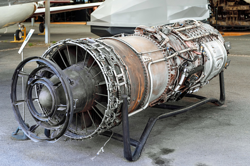 Jet aircraft engine in the hangar