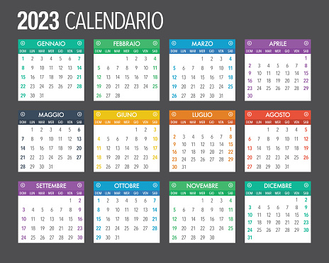 A 2023 calendar design template in Italian.