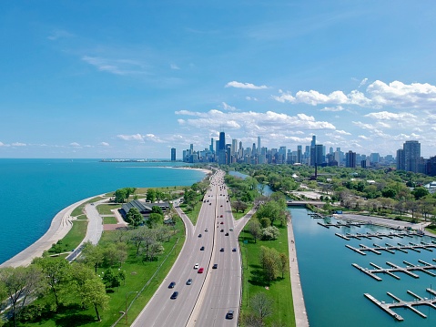 Aerial photo of a downtown skyline along the lake