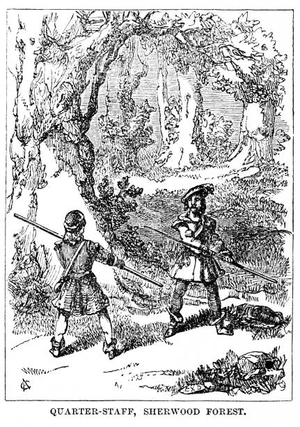 Men Fight with Half-Staffs, or Hanbō or Bokken, in Sherwood Forest, England Two men duel with half-staff sticks ( hanbō or Bokken) in Sherwood Forest, England. published 1863. Original edition is from my own archives. Copyright has expired and is in Public Domain. sherwood forest illustrations stock illustrations