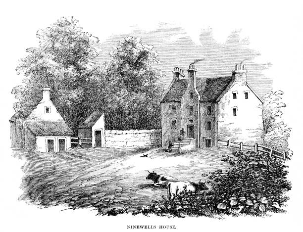 Historian, Philosopher David Hume's House, Scotland, 18th Century British History The childhood home of historian and philosopher David Hume (1711-1776) in Scotland. Illustration published 1863. Original edition is from my own archives. . Copyright has expired and is in Public Domain. david hume philosopher stock illustrations