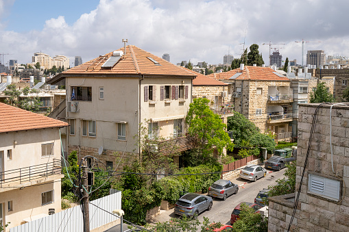 Jerusalem, Israel - May 5th, 2022: A typical street in Rehavia, one of the oldest neighborhoods of modern Jerusalem, Israel.