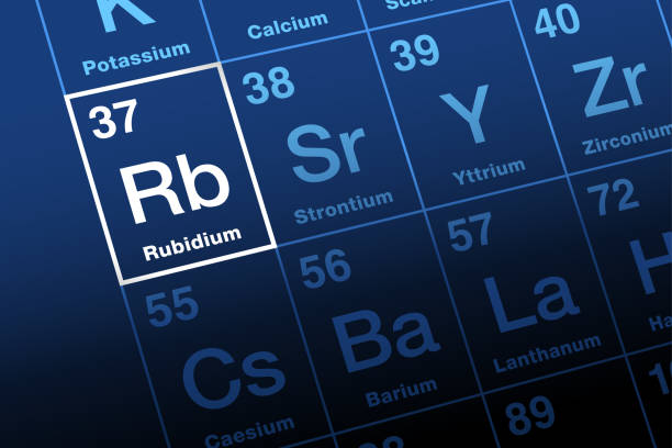Rubidium on periodic table of the elements, with element symbol Rb Rubidium on periodic table. Alkali metal and chemical element with atomic number 37 and symbol Rb, named after Latin rubidius, meaning deep red. Used in purple colored fireworks and in laser diodes. number 37 illustrations stock illustrations