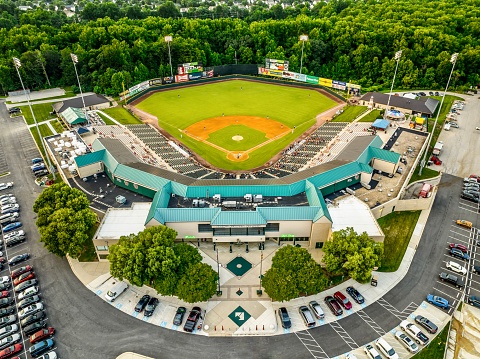 Bowie, MD, USA - July 15, 2022: Image is of the Bowie Baysox Prince George's Stadium in Bowie, MD. The image is an aerial image taken from a drone above the stadium.