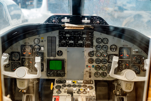 Annapolis, MD, USA: Helicopter Cockpit showing gauges and control column