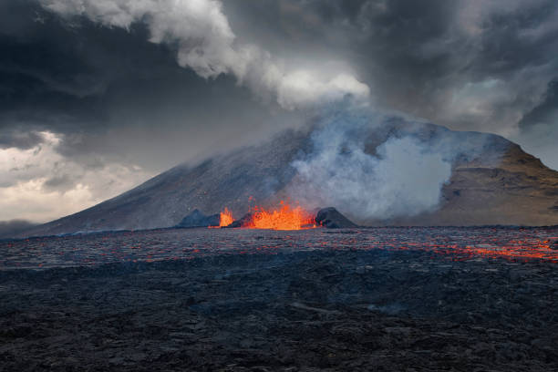 Island, August 2022, Fagradalsfjall volcano: volcano erupts and spews hot lava again. Magma flows into the valley.