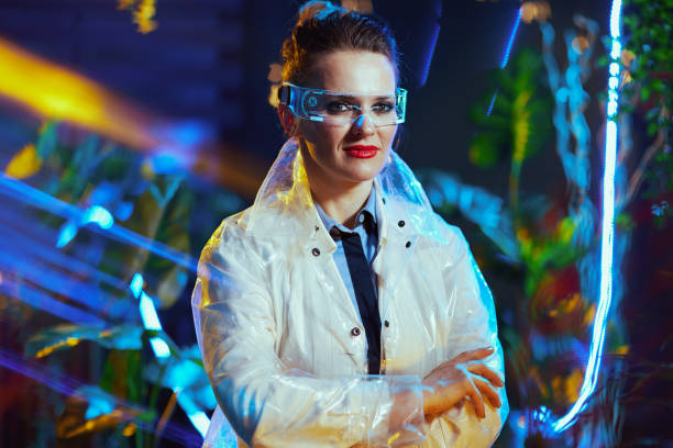 happy modern scientist woman in lab coat in virtual reality - textile scientific experiment laboratory textile industry imagens e fotografias de stock