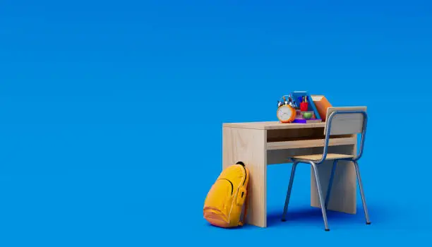 Photo of School desk with school accessory and  backpack on a colored background. 3D Rendering