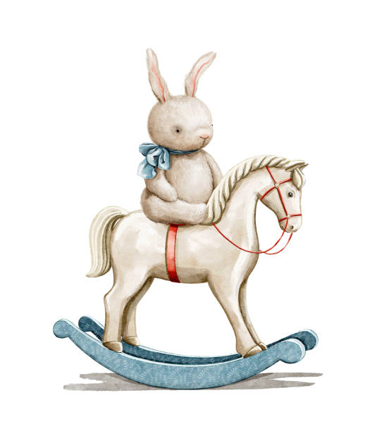 stockillustraties, clipart, cartoons en iconen met watercolor vintage cartoon white rocking cute horse toy and hare with blue bow - hobbelpaard