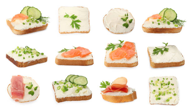 istock Bread with cream cheese and toppings on white background, collage 1414484028