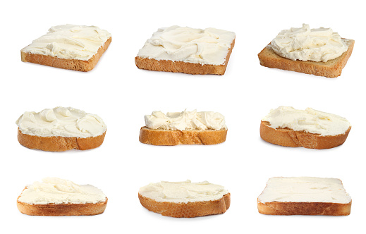 Bread with cream cheese on white background, collage