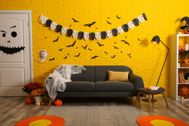 istock Modern room decorated for Halloween. Festive interior 1414484094