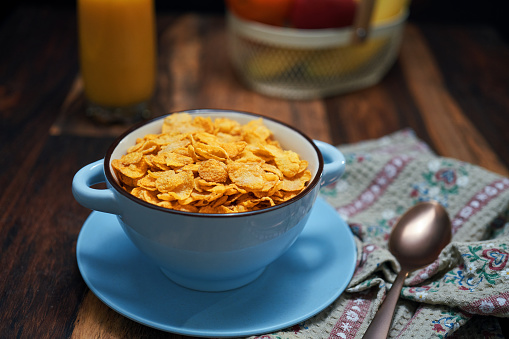 Cornflakes Served in a Bowl for Breakfast