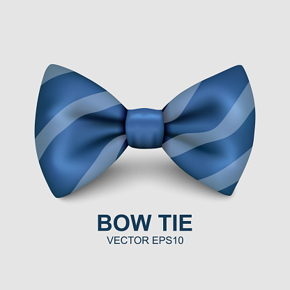 Vector 3d Realistic Blue Striped Bow Tie Icon Closeup Isolated on White Background. Silk Glossy Bowtie, Tie Gentleman. Mockup, Design Template. Bow tie for Man. Mens Fashion, Fathers Day Holiday.