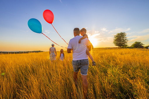 Father and son carrying balloon while walking towards family in meadow against sky