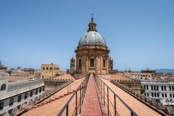 The Baroque small side cupolas by Ferdinando Fuga.. Detail of the facade of the Palermo Catholic Cathedral.