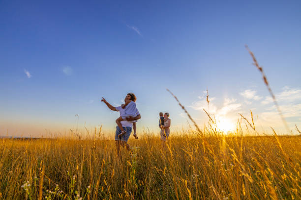istock Father and mother carrying children while exploring meadow against sky 1414490083