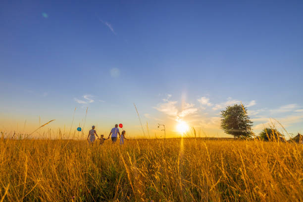 istock Family exploring together in meadow against sky during weekend 1414490144