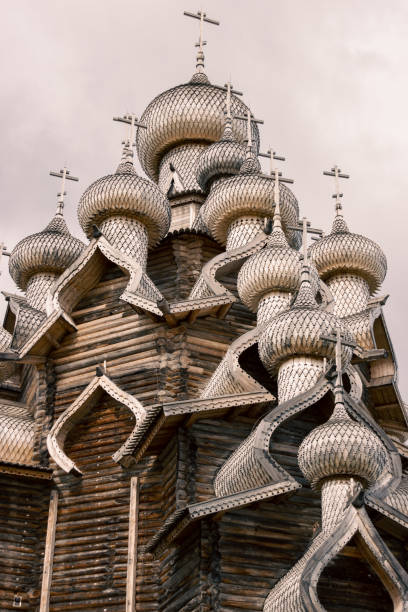 wooden churches on island of kizhi in karelia, russia - russia russian culture kizhi island traditional culture imagens e fotografias de stock