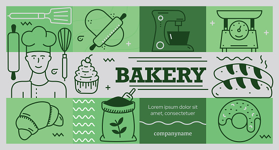 Bakery Related Vector Design Concept. Line icons illustration collection. Icon set or banner template. Web Banner, Website Header etc. Modern Design Vector Illustration for