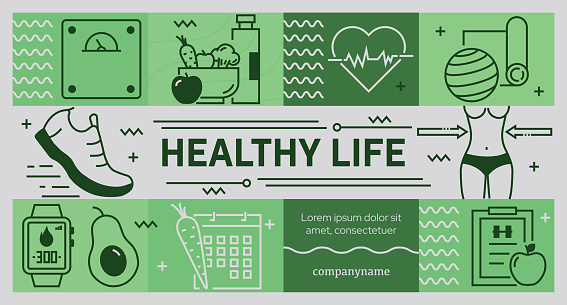 Healthy Life  Related Vector Design Concept. Line icons illustration collection. Icon set or banner template. Web Banner, Website Header etc. Modern Design Vector Illustration for