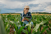 Portrait of smiling agronomist with digital tablet amidst corn crops in farm