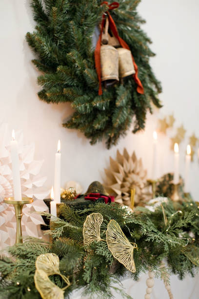 istock Christmas fireplace with golden vintage decorations 1414494407