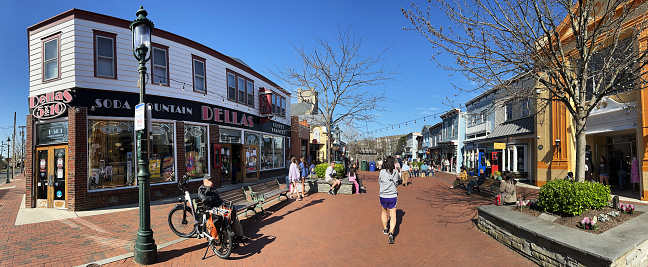 Cape May, USA - April 15, 2022. Tourists at Washington Street Mall in downtown Cape May, New Jersey, USA