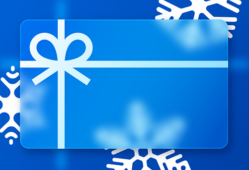 Holiday snow transparent glass coupon gift card gift certificate wrapped package present blue snow background.
